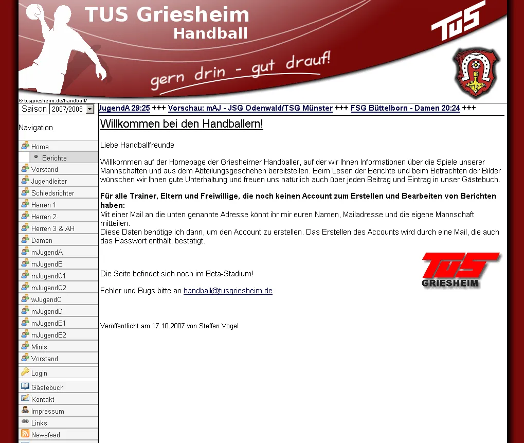 Screenshot TuS Griesheim Handball Website
